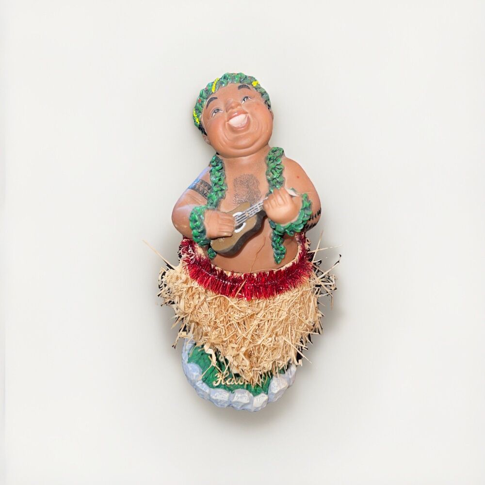 VINTAGE Tiki Male Grass Skirt Hula Dancer Bobble Figurine Playing Ukulele Hawaii